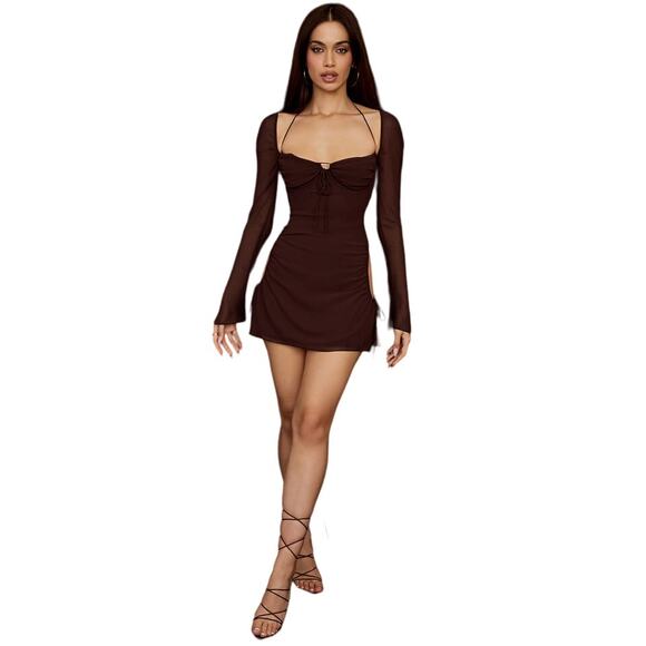 House of CB Cutout Chiffon Mini Dress Chocolate Brown Size Small NWT - Picture 3 of 13